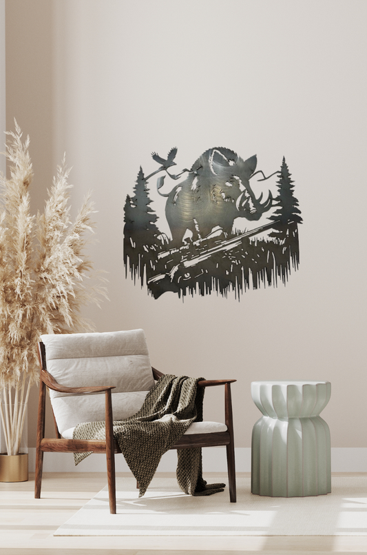 AR0533 Découpe plasma Sanglier forêt sapin 49x43 cm